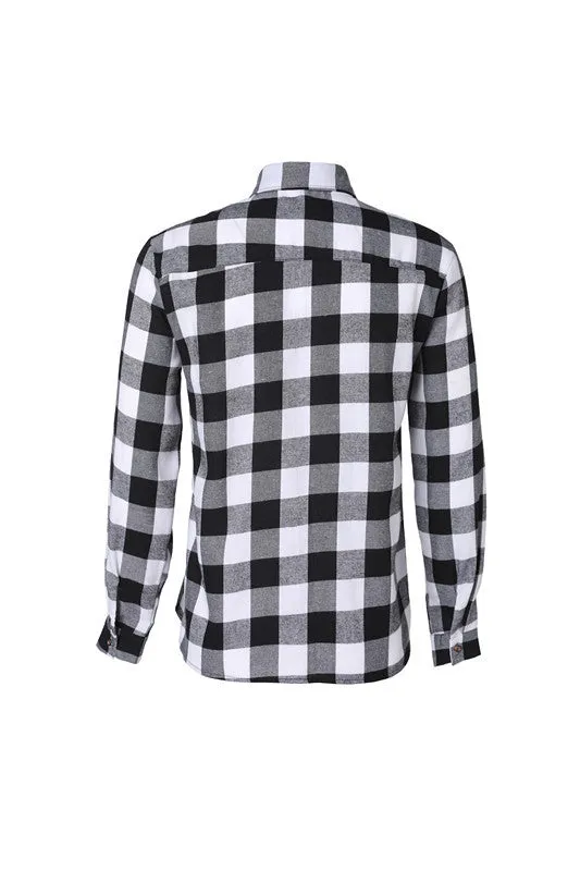 Men's black and white check long-sleeved shirt with lapel collar and double chest pockets
