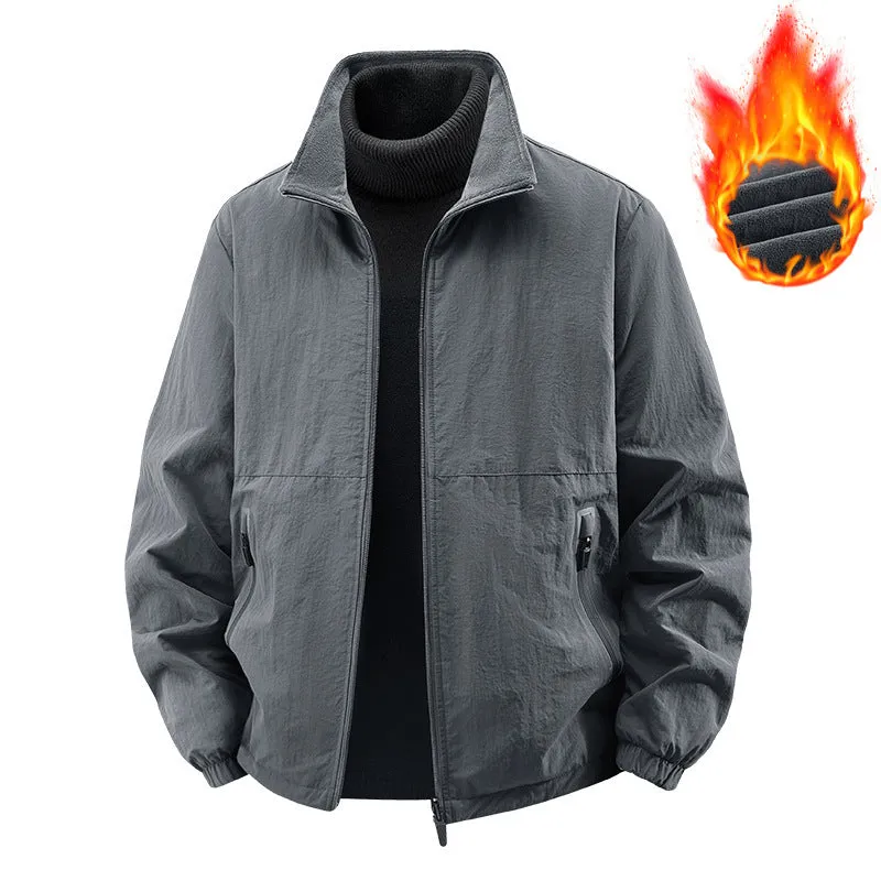 Fleece-lined nylon casual jacket coat with stand collar, loose fit, in khaki colour for middle-aged men