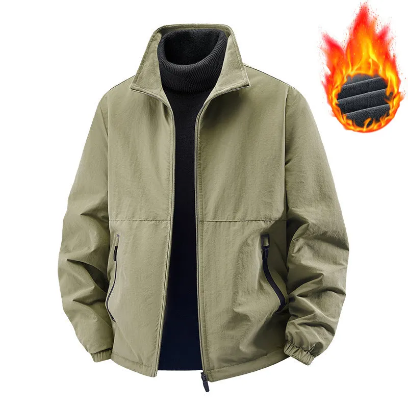 Fleece-lined nylon casual jacket coat with stand collar, loose fit, in khaki colour for middle-aged men