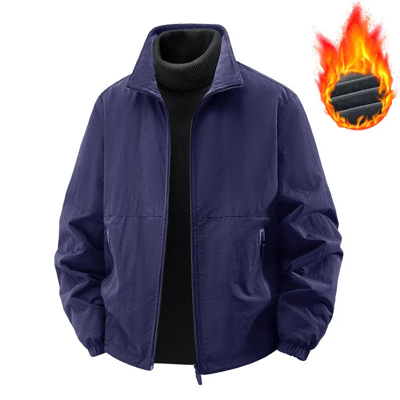 Fleece-lined nylon casual jacket coat with stand collar, loose fit, in khaki colour for middle-aged men