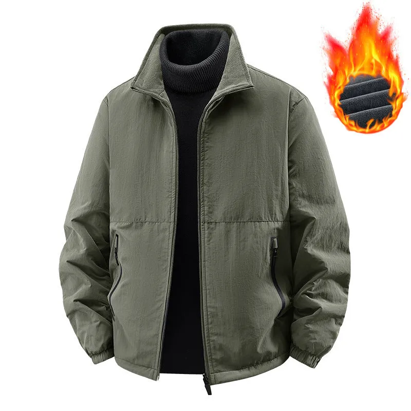 Fleece-lined nylon casual jacket coat with stand collar, loose fit, in khaki colour for middle-aged men
