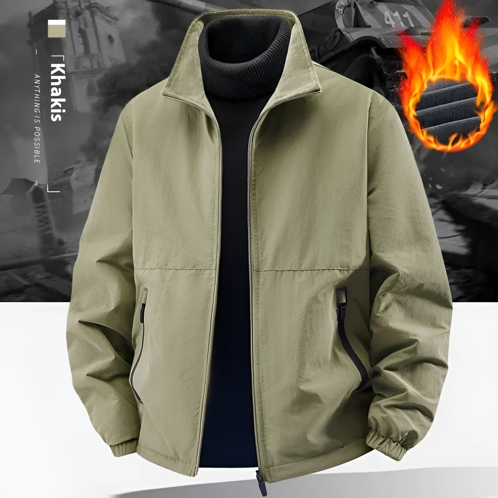 Fleece-lined nylon casual jacket coat with stand collar, loose fit, in khaki colour for middle-aged men