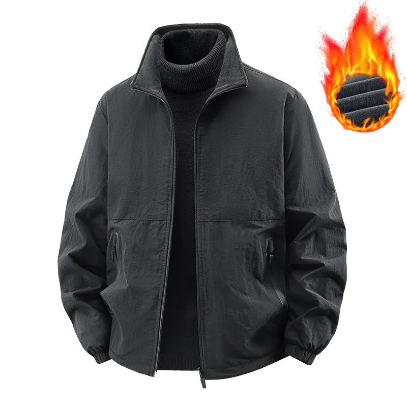 Fleece-lined nylon casual jacket coat with stand collar, loose fit, in khaki colour for middle-aged men