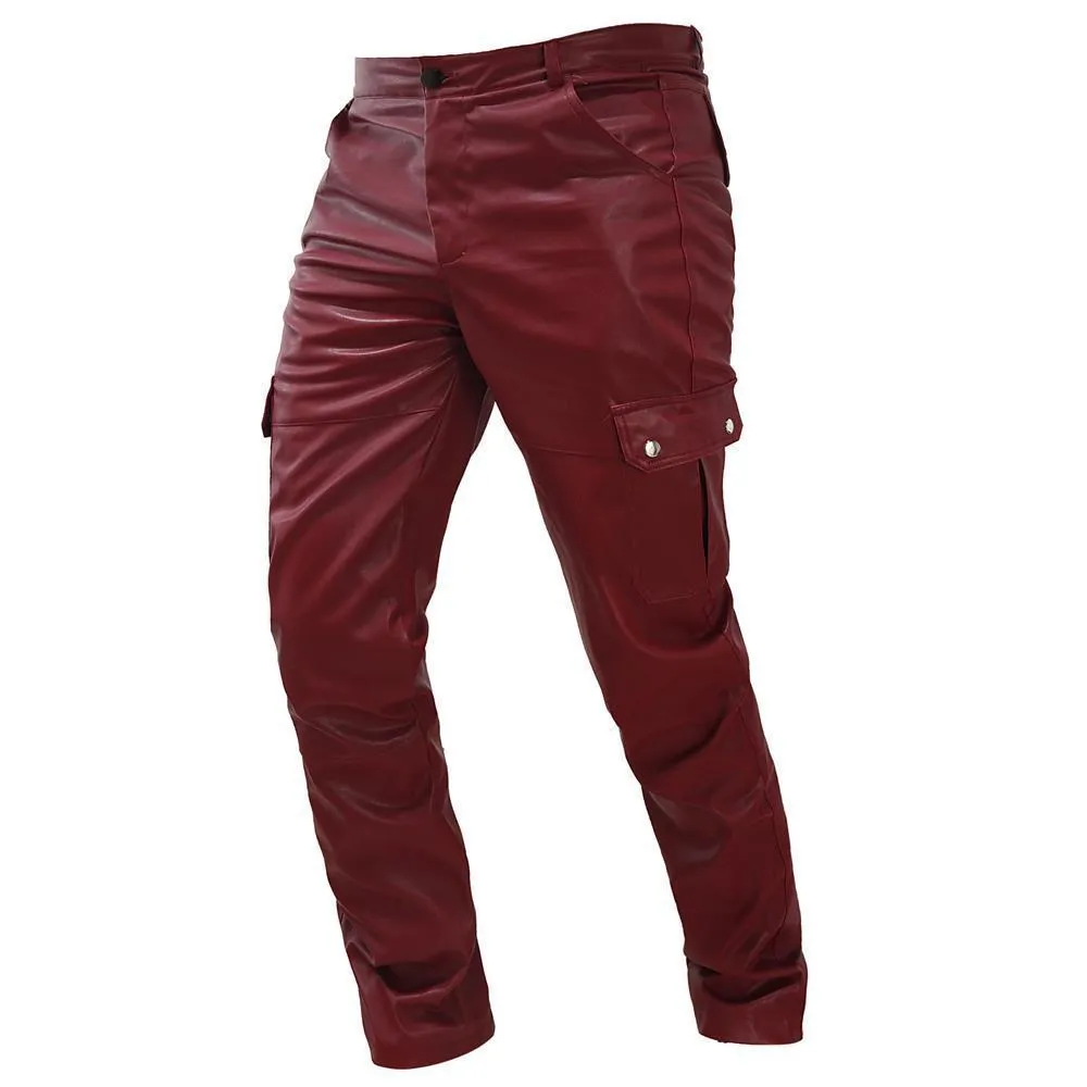 Tooling straight casual men's leather pants in black PU leather with mid-waist straight-leg cut