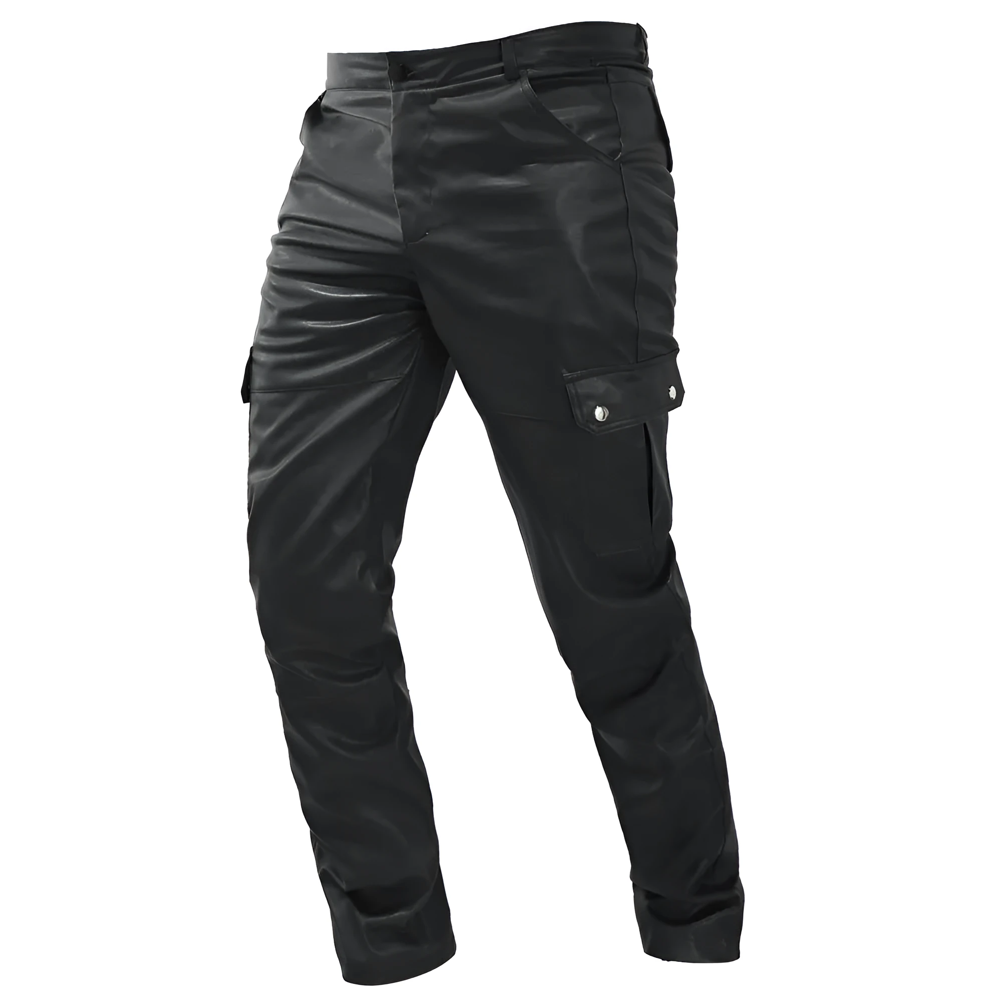Tooling straight casual men's leather pants in black PU leather with mid-waist straight-leg cut