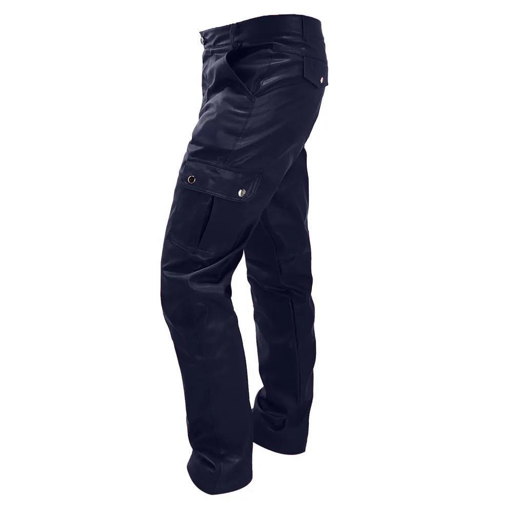 Tooling straight casual men's leather pants in black PU leather with mid-waist straight-leg cut