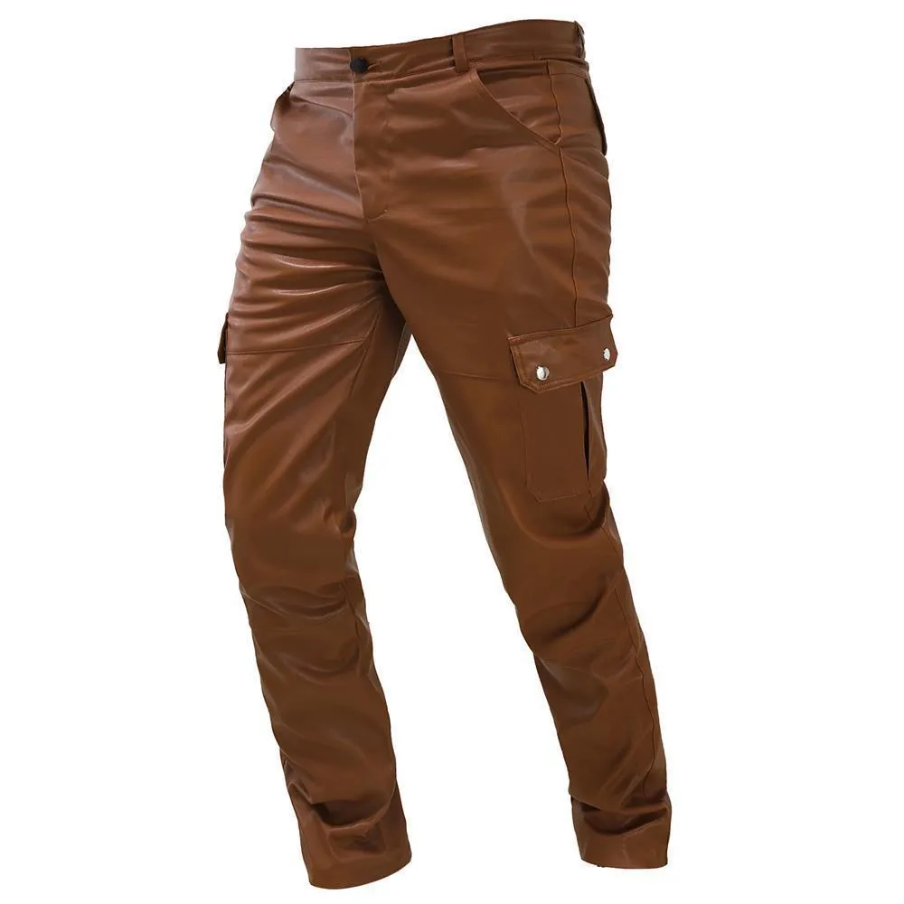 Tooling straight casual men's leather pants in black PU leather with mid-waist straight-leg cut