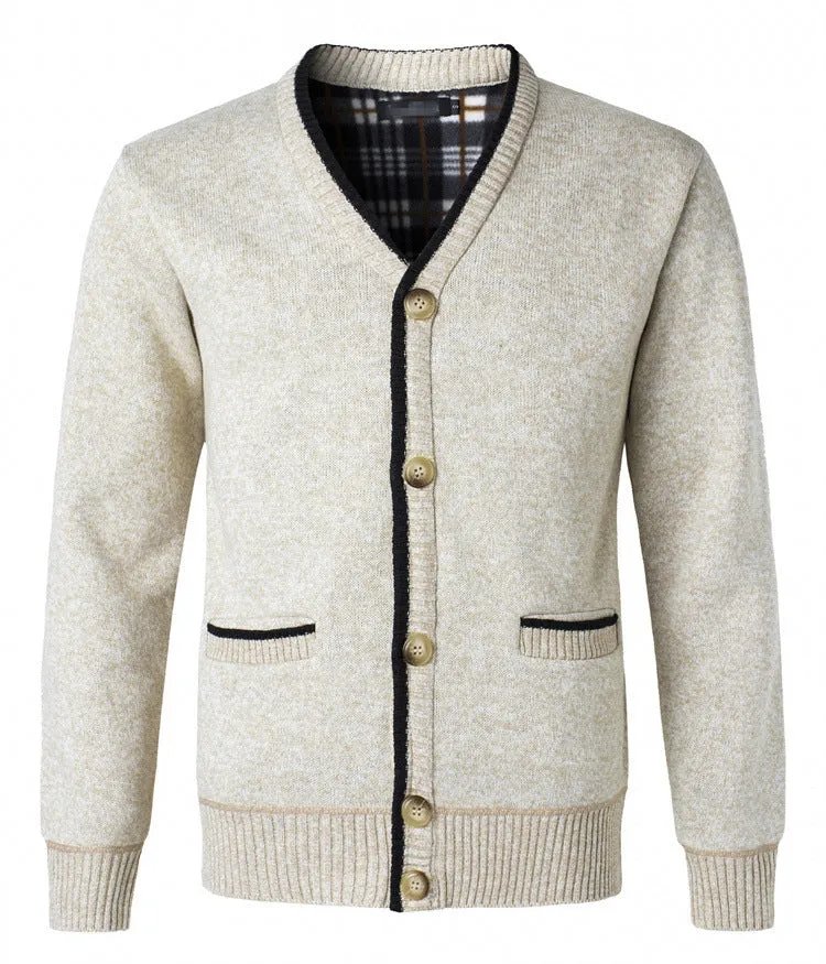 Fleece-lined V-neck cardigan in beige, loose fit for large men, European sizes S-2XL