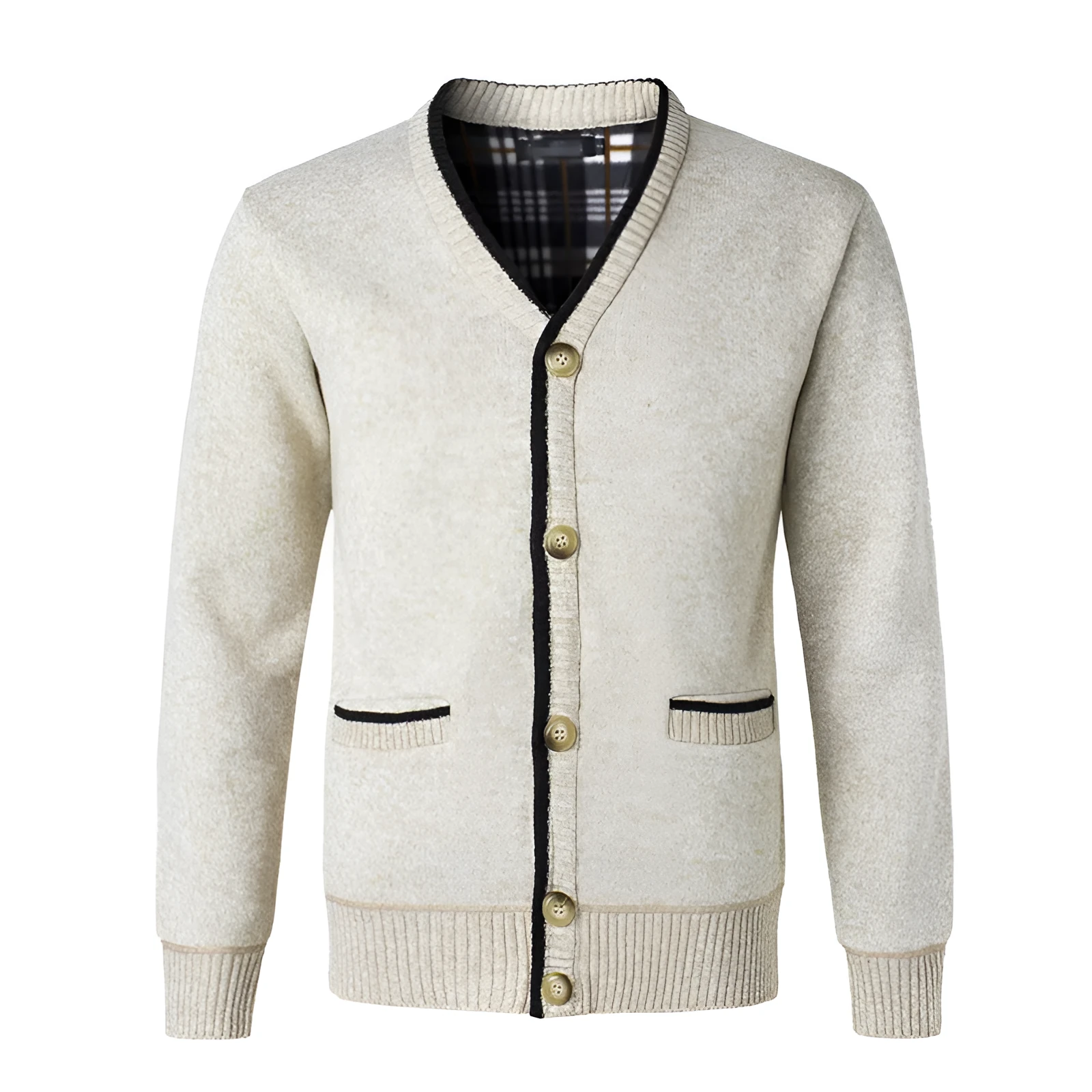 Fleece-lined V-neck cardigan in beige, loose fit for large men, European sizes S-2XL