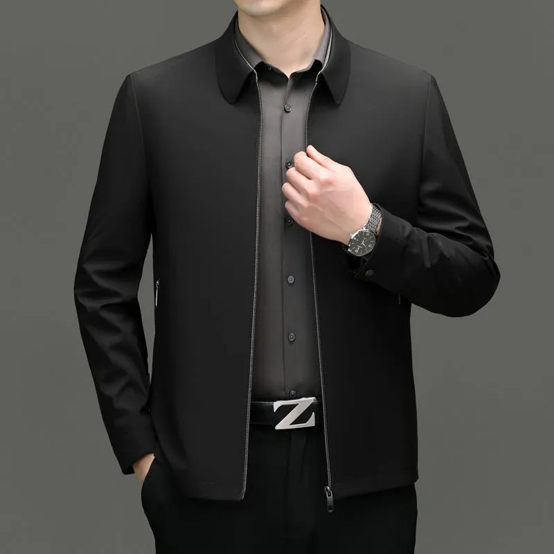 Men's lapel casual jacket in solid colour polyester blend with side seam pockets, light business style, front view