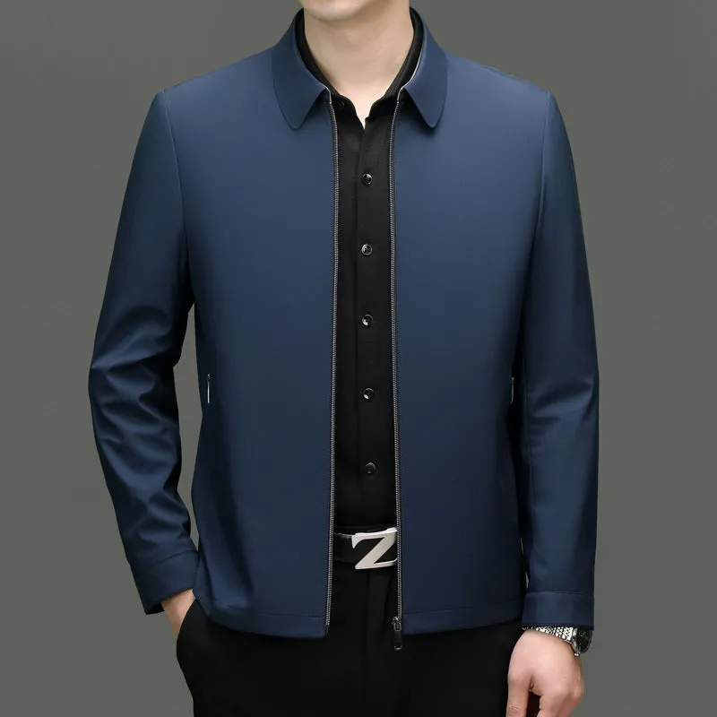 Men's lapel casual jacket in solid colour polyester blend with side seam pockets, light business style, front view