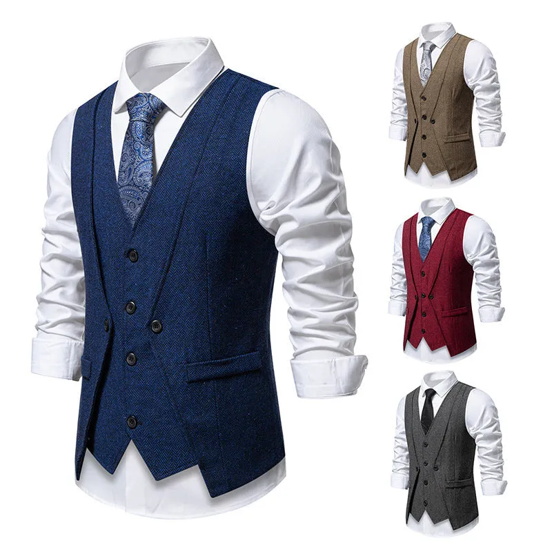 Men’s retro fake two-piece slim-fit vest coat in dark gray for formal banquet wear