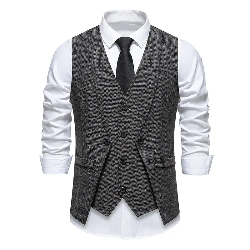 Men’s retro fake two-piece slim-fit vest coat in dark gray for formal banquet wear