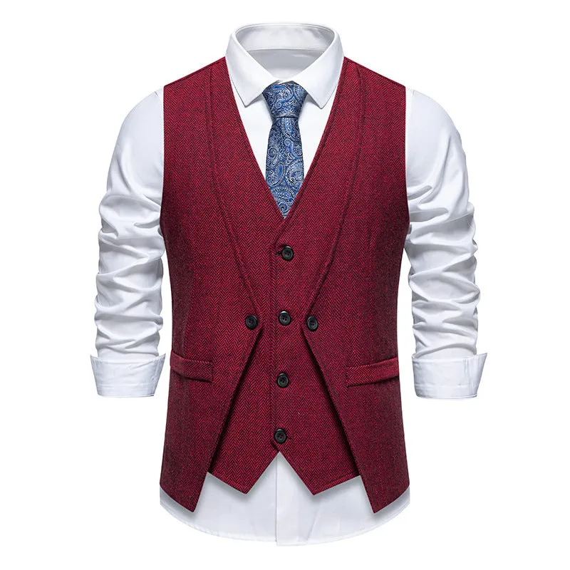 Men’s retro fake two-piece slim-fit vest coat in dark gray for formal banquet wear