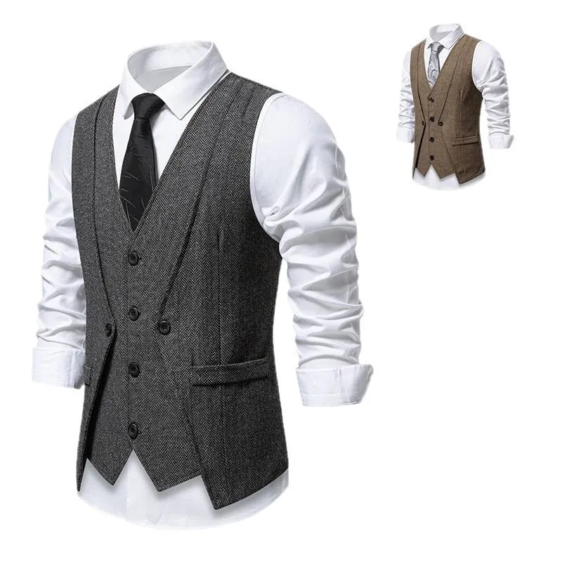 Men’s retro fake two-piece slim-fit vest coat in dark gray for formal banquet wear
