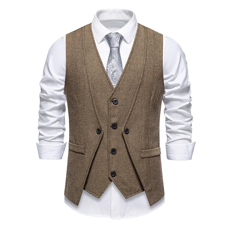 Men’s retro fake two-piece slim-fit vest coat in dark gray for formal banquet wear