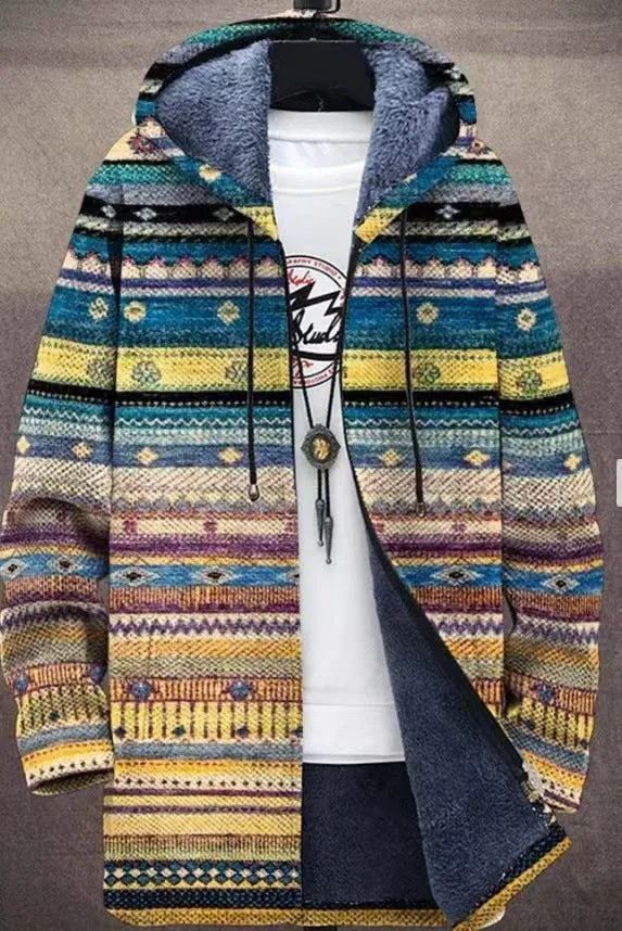 Printed plush lined thickened long-sleeved windproof jacket with digital print in loose fit polyester fabric, size S to 4XL