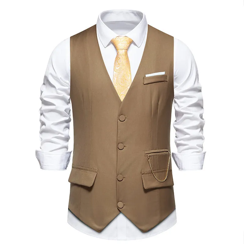 Men's solid colour V-neck single breasted chain vest in slim fit, shown in gray for spring light business wear