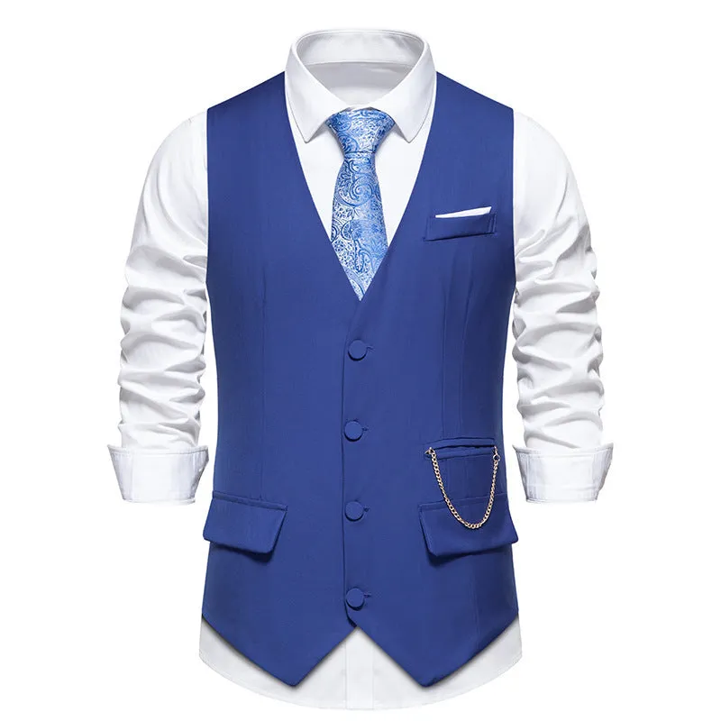 Men's solid colour V-neck single breasted chain vest in slim fit, shown in gray for spring light business wear