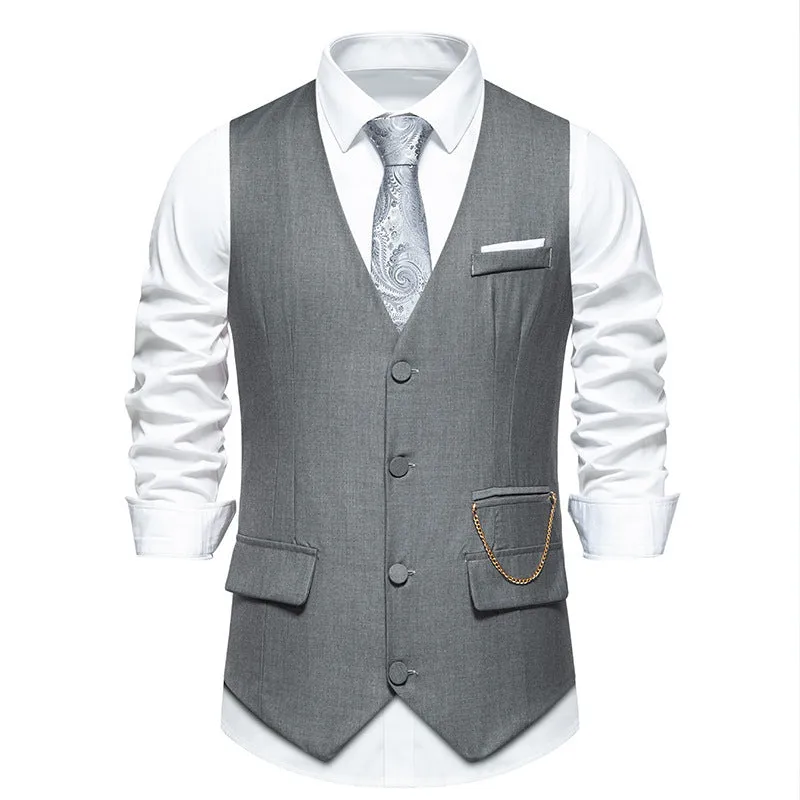 Men's solid colour V-neck single breasted chain vest in slim fit, shown in gray for spring light business wear
