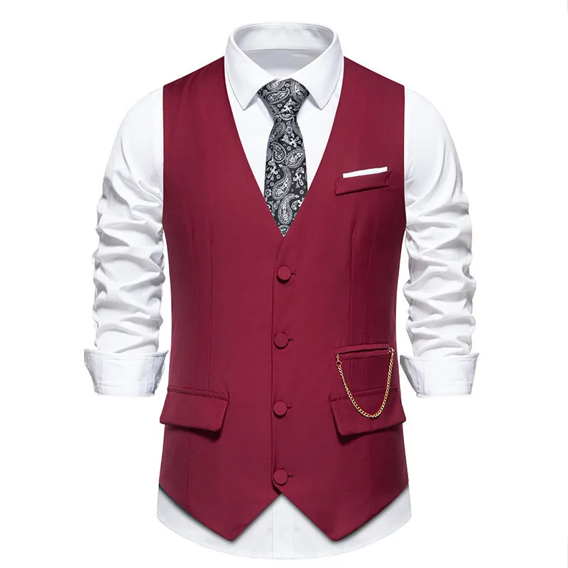 Men's solid colour V-neck single breasted chain vest in slim fit, shown in gray for spring light business wear