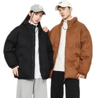 Stand collar deerskin velvet windproof quilted jacket in coffee colour, loose fit, polyester fibre lining