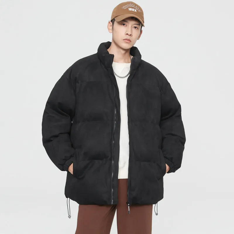 Stand collar deerskin velvet windproof quilted jacket in coffee colour, loose fit, polyester fibre lining