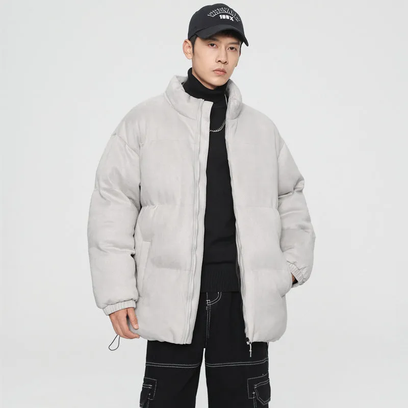 Stand collar deerskin velvet windproof quilted jacket in coffee colour, loose fit, polyester fibre lining