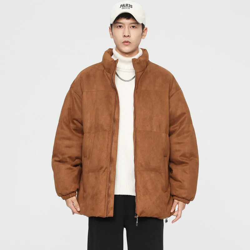 Stand collar deerskin velvet windproof quilted jacket in coffee colour, loose fit, polyester fibre lining