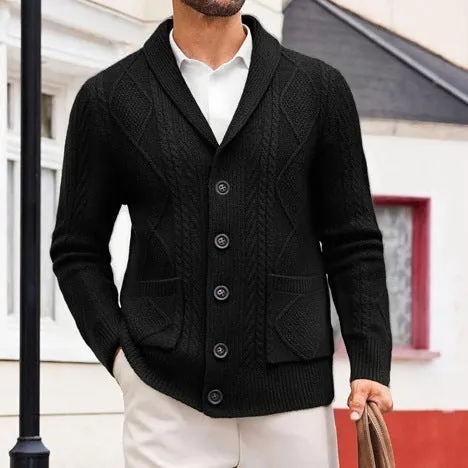 Men's thick knit cardigan sweater jacket in khaki with button front and long sleeves