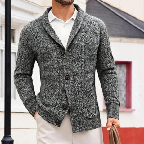 Men's thick knit cardigan sweater jacket in khaki with button front and long sleeves