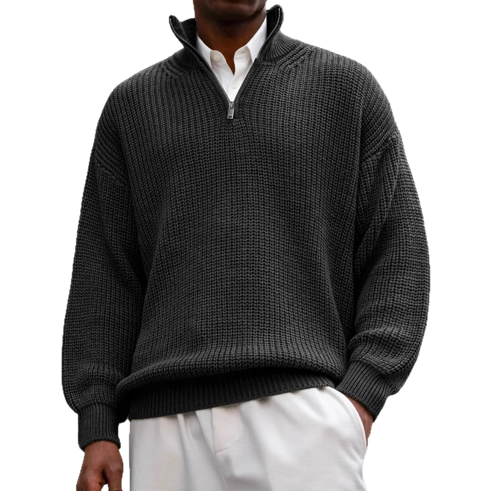 Fashion men's casual long sleeve half-zip stand collar polo shirt pullover sweater in black