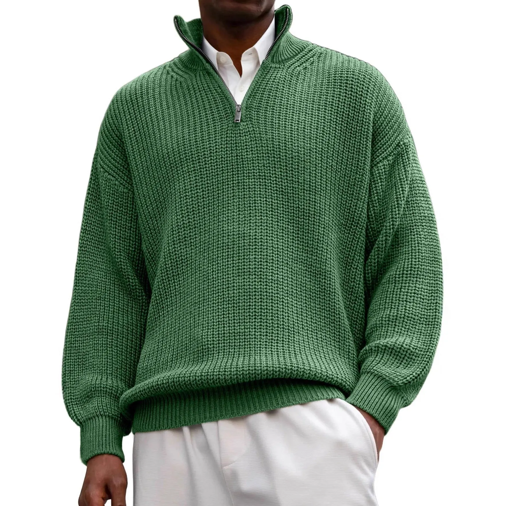 Fashion men's casual long sleeve half-zip stand collar polo shirt pullover sweater in black