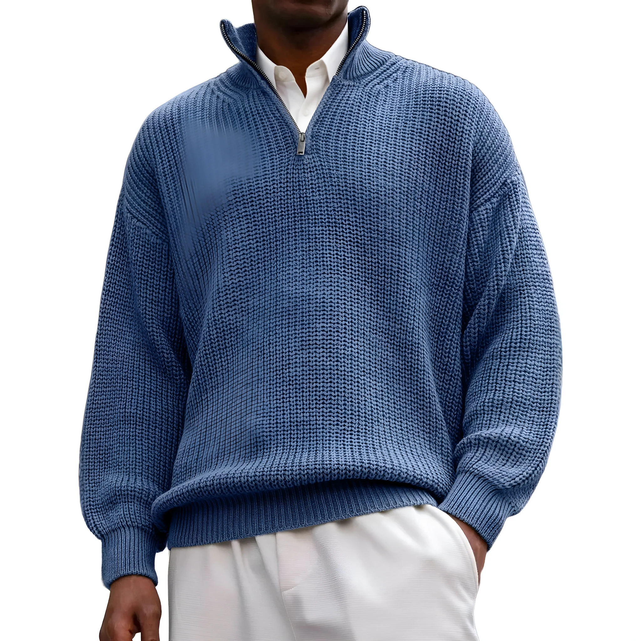 Fashion men's casual long sleeve half-zip stand collar polo shirt pullover sweater in black