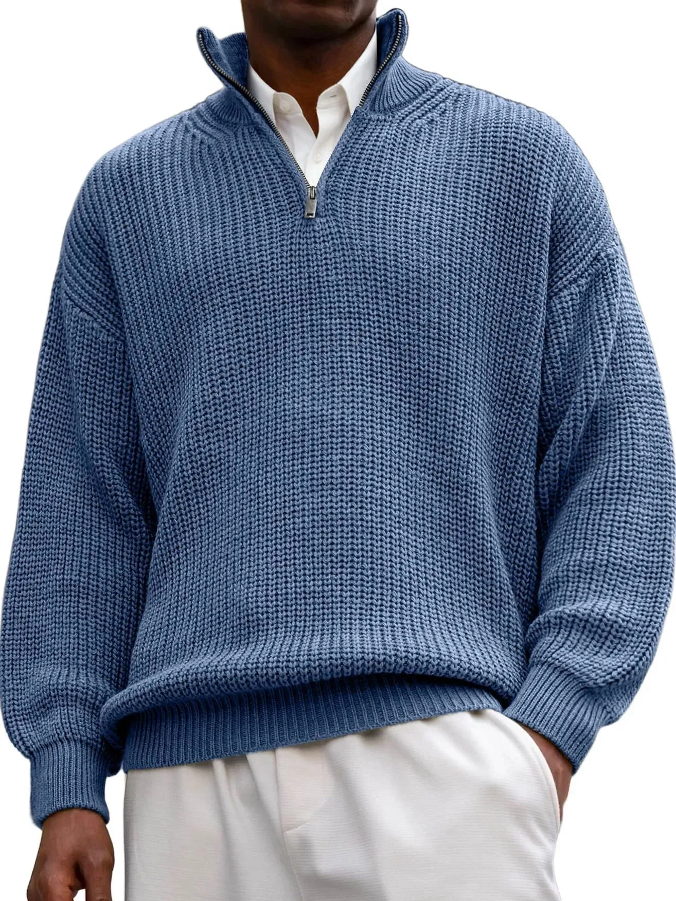 Fashion men's casual long sleeve half-zip stand collar polo shirt pullover sweater in black