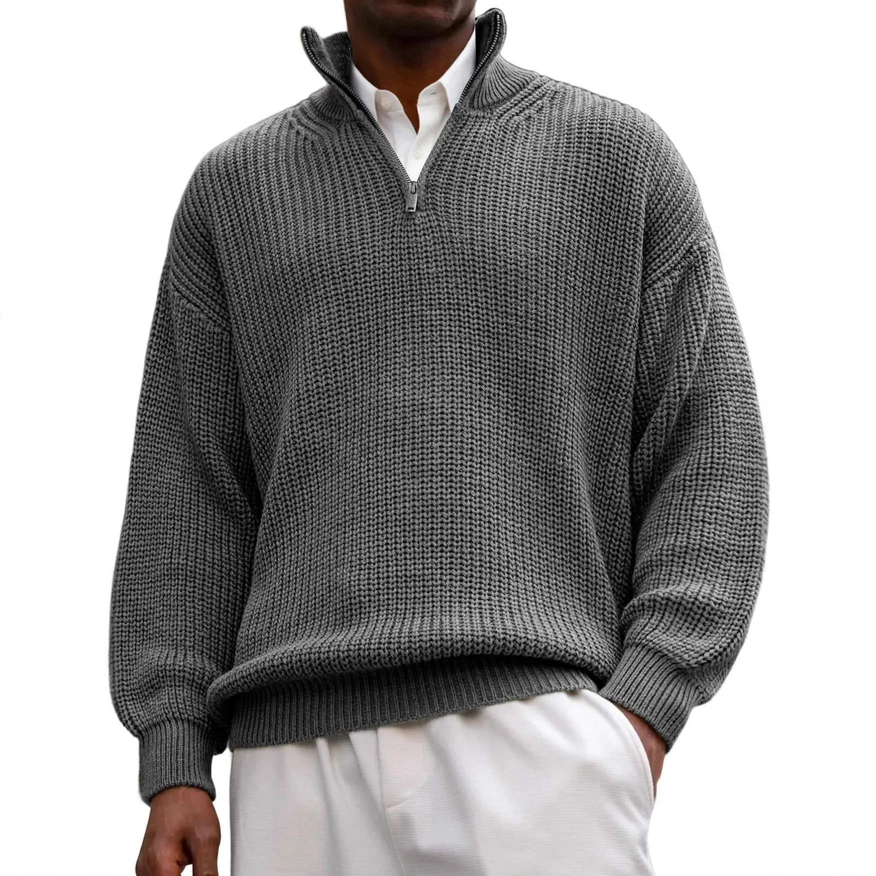 Fashion men's casual long sleeve half-zip stand collar polo shirt pullover sweater in black