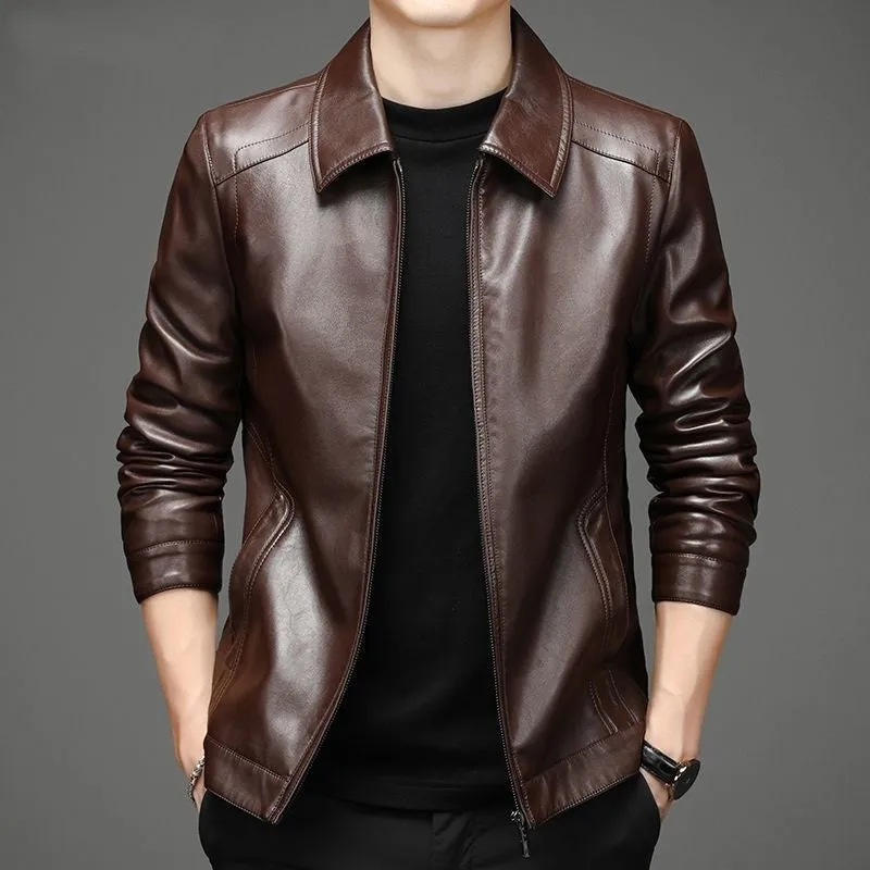 Thin fleece-lined genuine leather jacket for dad in black colour block design loose fit