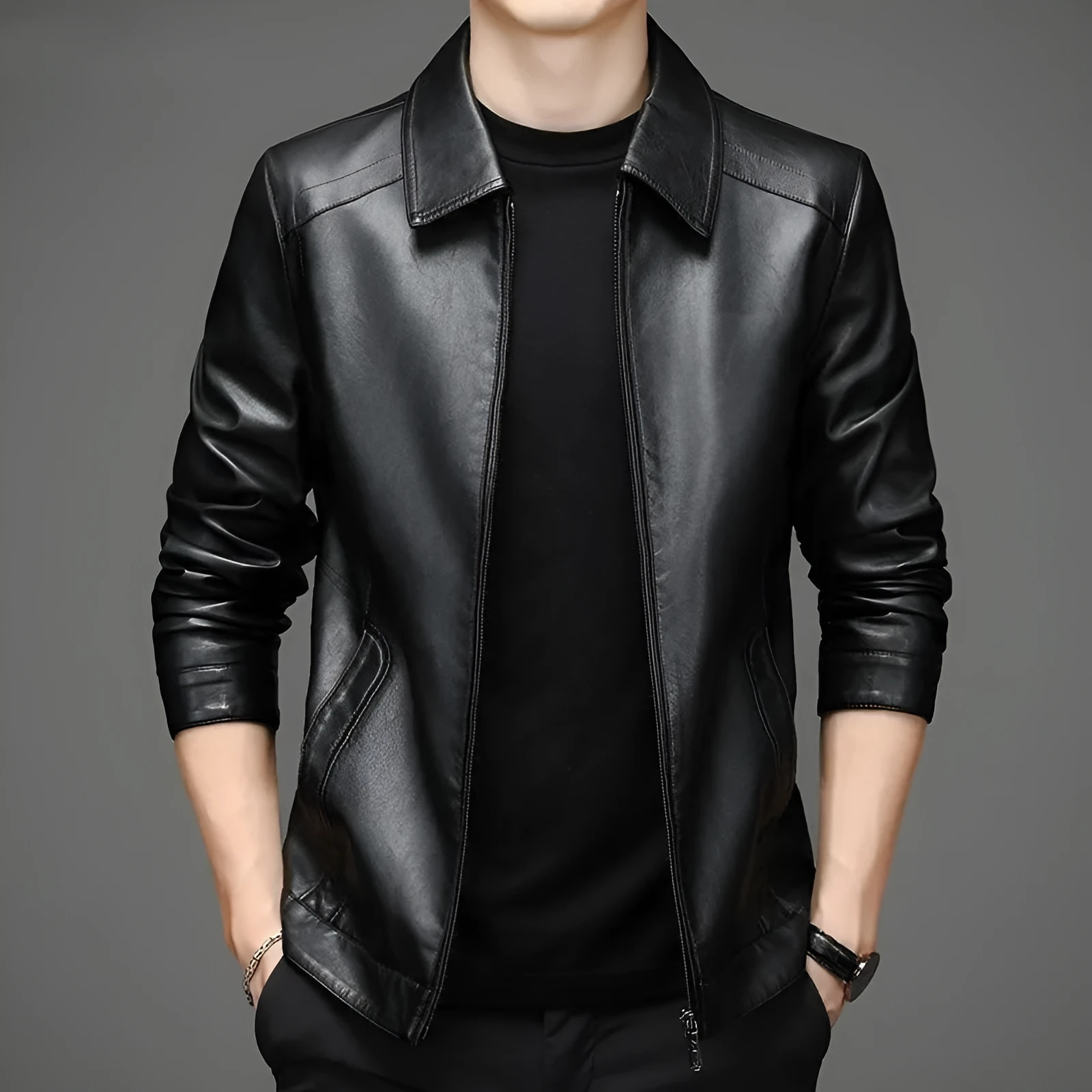 Thin fleece-lined genuine leather jacket for dad in black colour block design loose fit