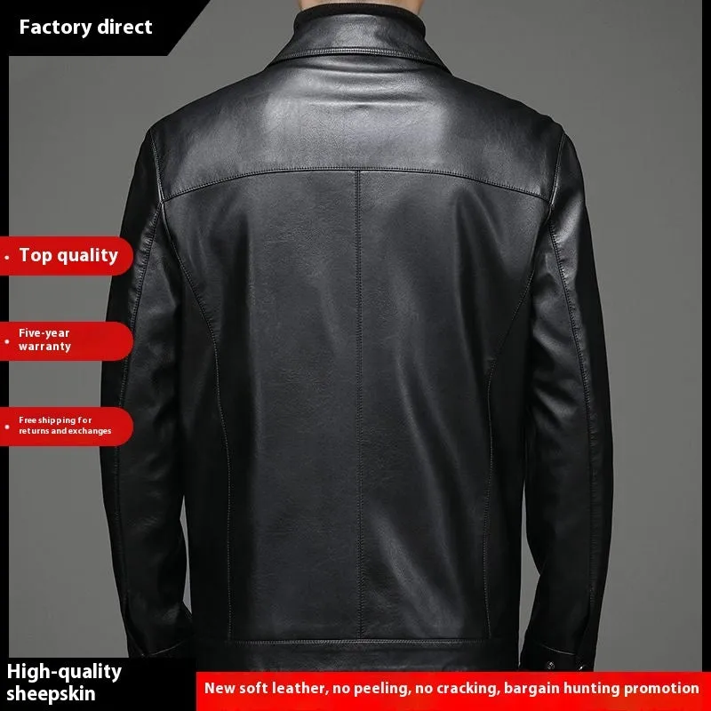 Thin fleece-lined genuine leather jacket for dad in black colour block design loose fit