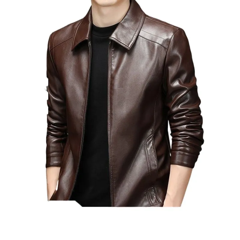 Thin fleece-lined genuine leather jacket for dad in black colour block design loose fit