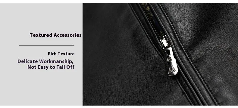 Thin fleece-lined genuine leather jacket for dad in black colour block design loose fit