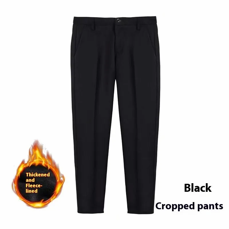 Slim fit Korean style black plus velvet trousers with wool lining, cropped leg, drawstring waist, casual wear
