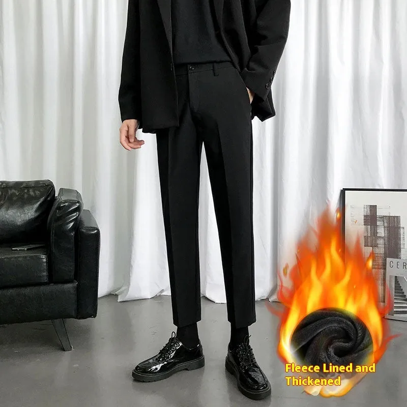 Slim fit Korean style black plus velvet trousers with wool lining, cropped leg, drawstring waist, casual wear