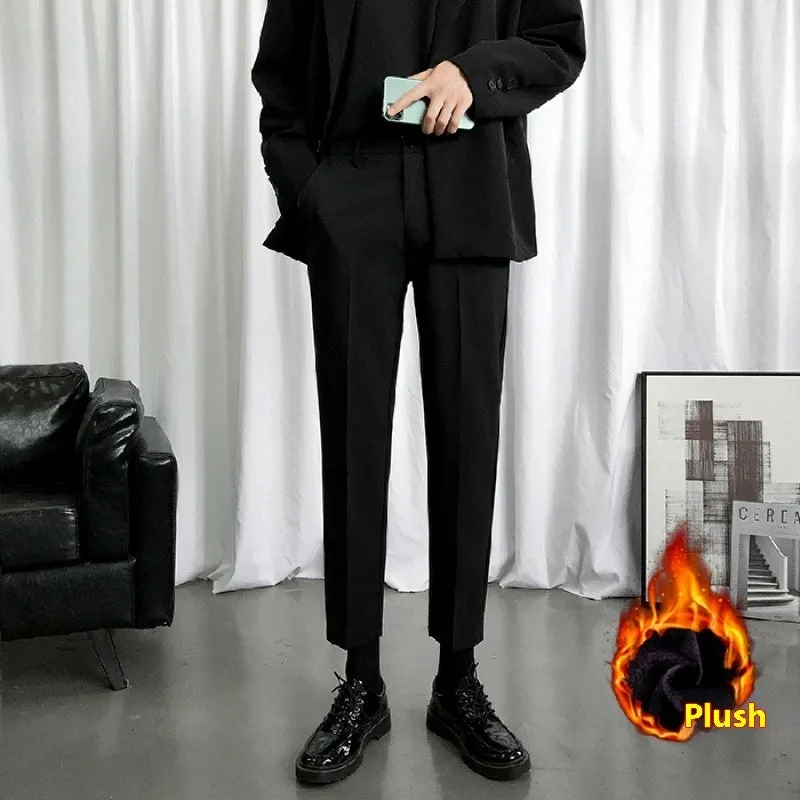 Slim fit Korean style black plus velvet trousers with wool lining, cropped leg, drawstring waist, casual wear