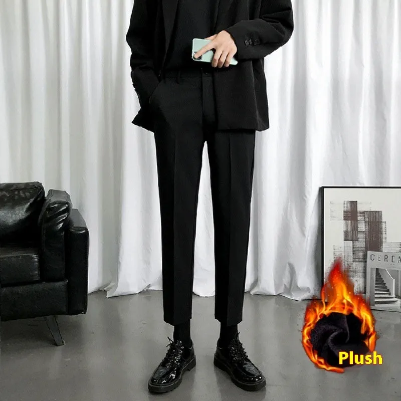Slim fit Korean style black plus velvet trousers with wool lining, cropped leg, drawstring waist, casual wear
