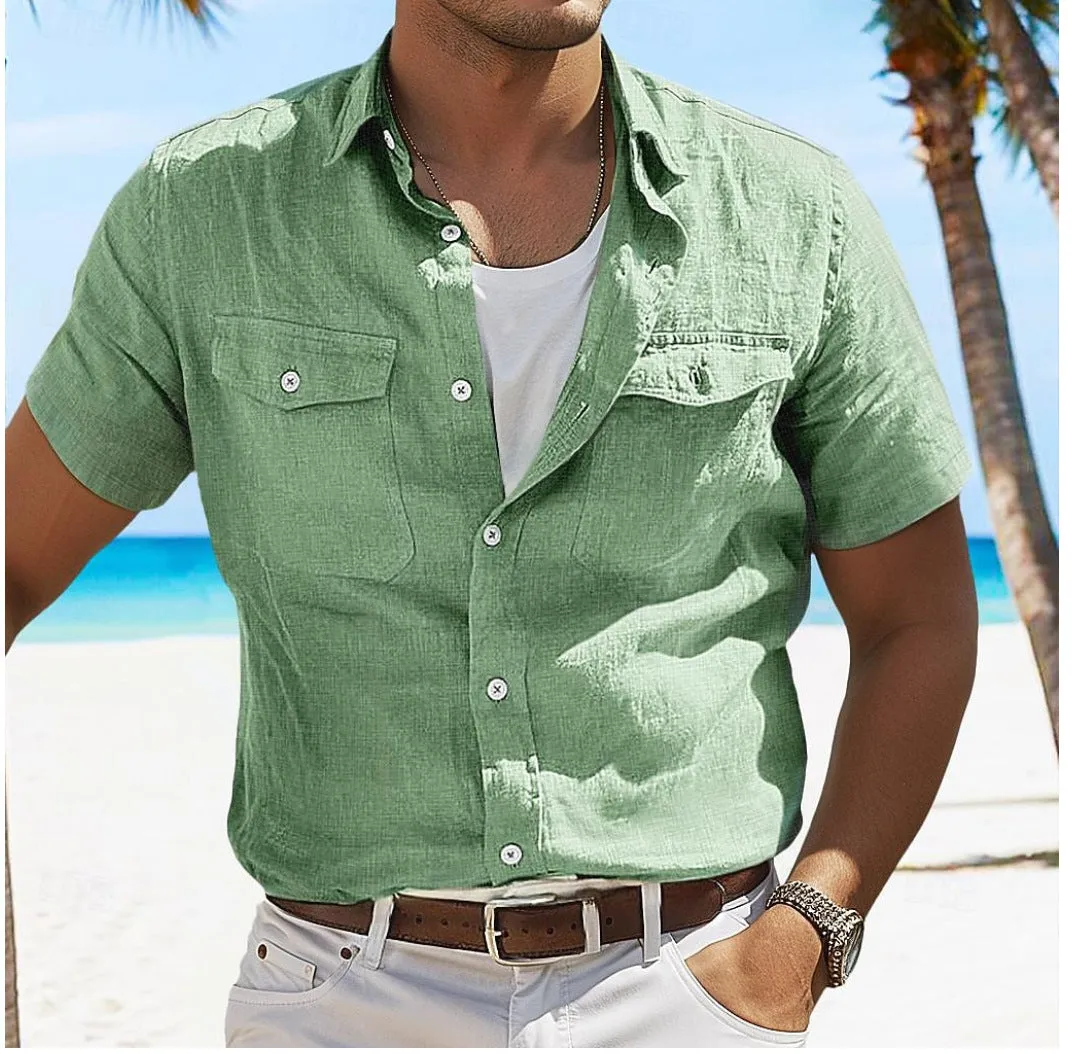 Men's loose fit long sleeve cotton shirt with polo collar in solid colour