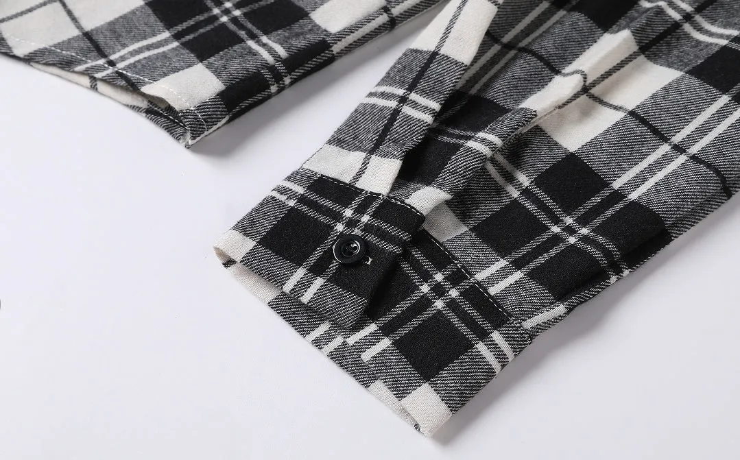 Teenage men's checked long-sleeved casual shirt in offwhite with black and white check pattern
