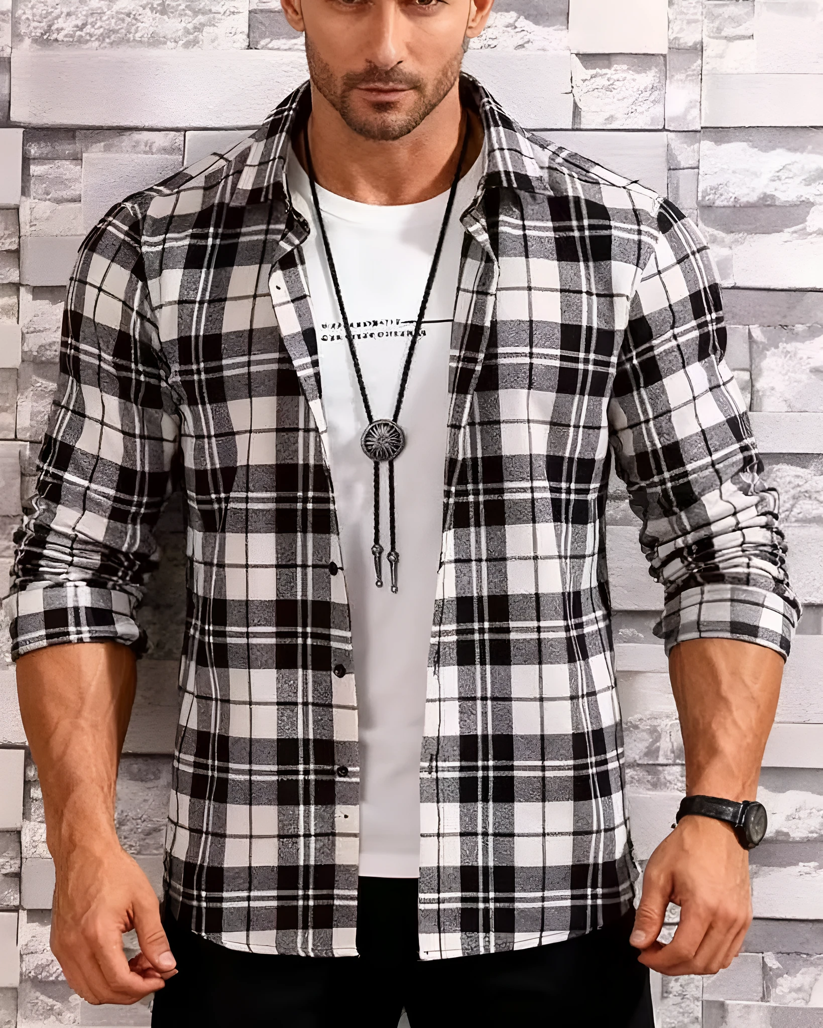 Teenage men's checked long-sleeved casual shirt in offwhite with black and white check pattern