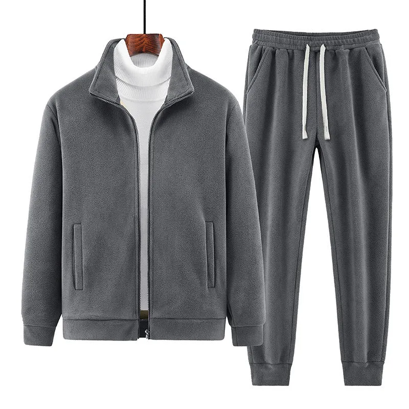 Men's sports leisure warm cardigan suit with long sleeve coat and trousers in gray, with shoulder bag