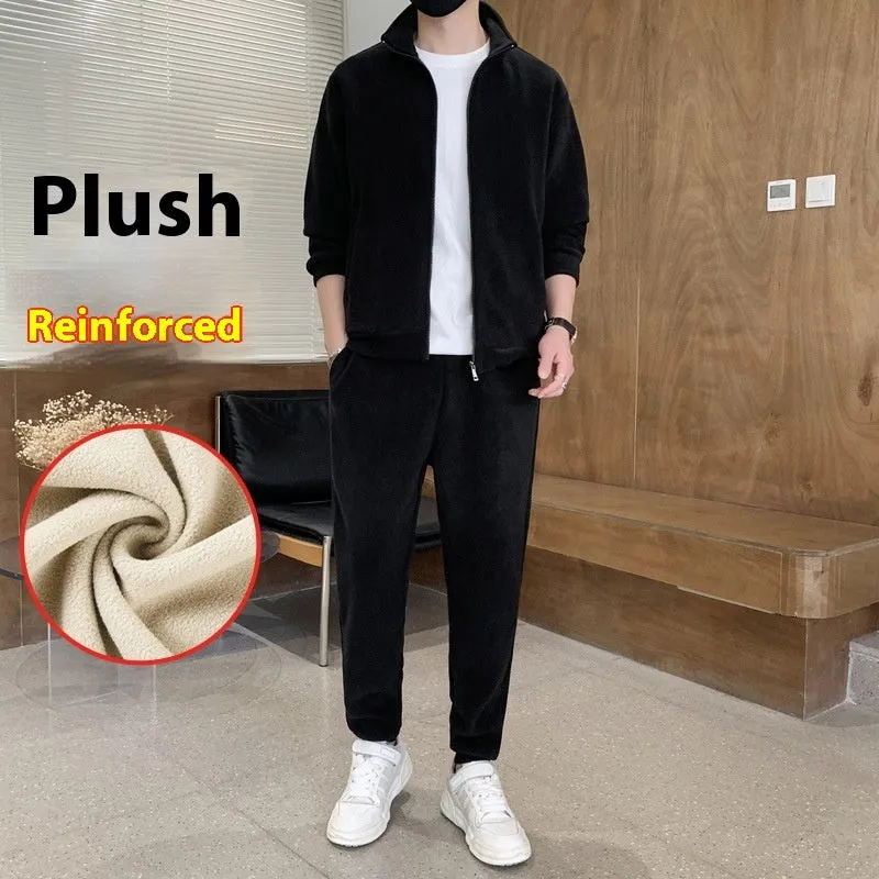 Men's sports leisure warm cardigan suit with long sleeve coat and trousers in gray, with shoulder bag
